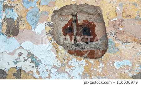 Old concrete wall with crumbling blue and orange paint, backgrounds, textures Old concrete wall with crumbling blue and orange paint, backgrounds, textures 110030979