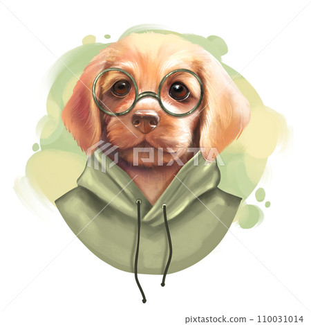 Cute dog illustration. Puppy in green hoody 110031014