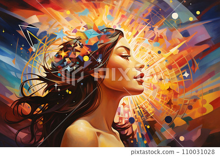 Person thoughts depicted as swirling patterns or beams of light, geometric shapes to symbolize the structure of one's thoughts Person thoughts depicted as swirling patterns or beams of light, geometric shapes to symbolize the structure of one's thoughts 110031028