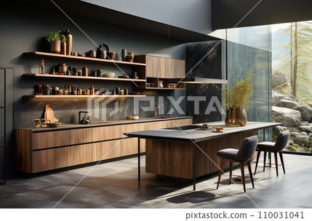 Kitchen with smooth surfaces and minimal open shelving, promoting a sleek and clutter-free environment Kitchen with smooth surfaces and minimal open shelving, promoting a sleek and clutter-free environment 110031041