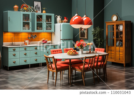 kitchen midcentury modern design, characterized by clean lines and iconic shapes, bright color from 60s and 70s 110031043