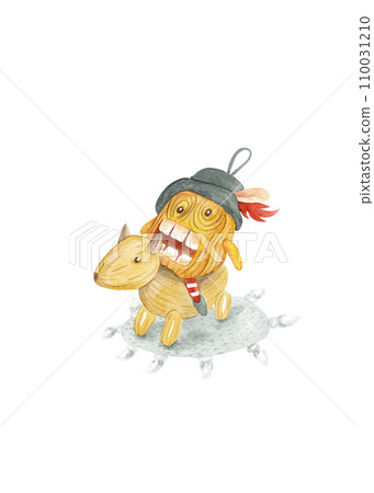 Christmas card with Christmas tree wooden toy Nutcracker. Fantasy cartoon character in watercolor Christmas card with Christmas tree wooden toy Nutcracker. Fantasy cartoon character in watercolor 110031210