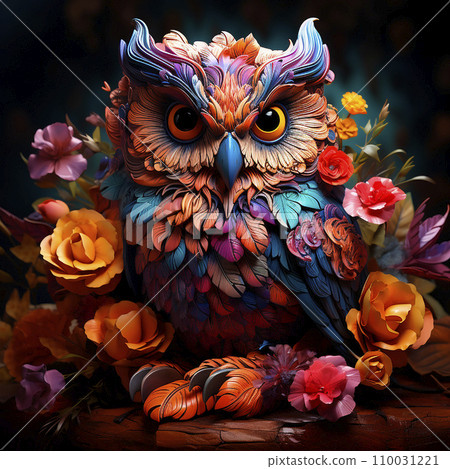 Portrait of an owl in colorful flowers, a hybrid of an owl and flowers, an unusual composition, creative wallpaper Portrait of an owl in colorful flowers, a hybrid of an owl and flowers, an unusual composition, creative wallpaper 110031221