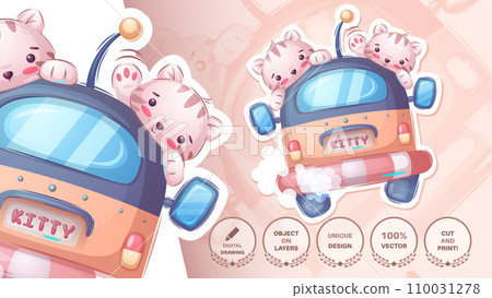 Sticker cartoon character adorable cat travel car, pretty animal idea for print t-shirt, poster and kids envelope, postcard. Cute hand drawn style kitty. Vector eps 10 Sticker cartoon character adorable cat travel car, pretty animal idea for print t-shirt, poster and kids envelope, postcard. Cute hand drawn style kitty. Vector eps 10 110031278
