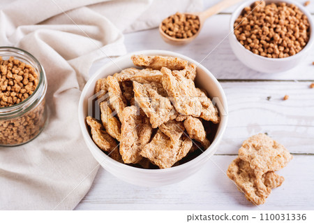 Alternative protein dry soy meat in a bowl on the table Alternative protein dry soy meat in a bowl on the table 110031336