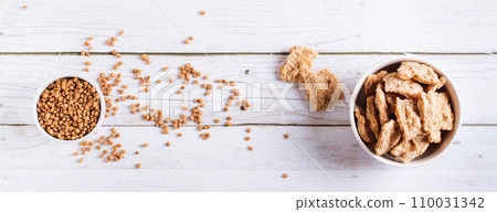 Alternative protein dry soy meat in a bowl on the table top view web banner Alternative protein dry soy meat in a bowl on the table top view web banner 110031342