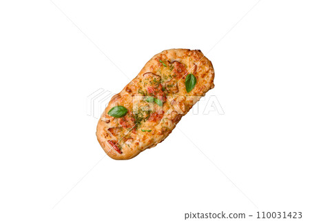 Delicious oven fresh flatbread pizza with cheese, tomatoes, sausage, salt and spices Delicious oven fresh flatbread pizza with cheese, tomatoes, sausage, salt and spices 110031423