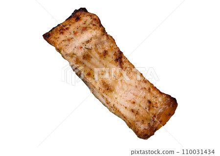 Slice of delicious baked fish with salt, spices and herbs on a ceramic plate Slice of delicious baked fish with salt, spices and herbs on a ceramic plate 110031434