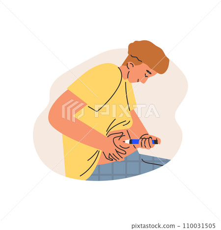 Smiling young man making self injection in stomach flat style 110031505