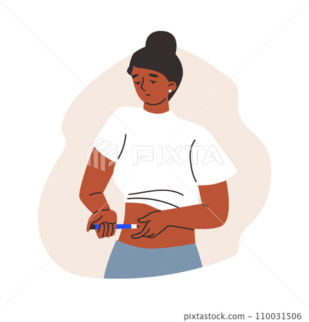 Woman giving self injection into the abdomen flat vector illustration isolated. 110031506
