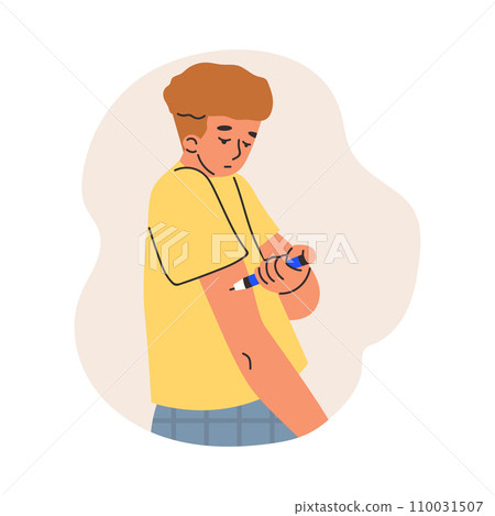 Self-administers insulin injection into shoulder, vector male treatment diabetes, health care and medication delivery 110031507