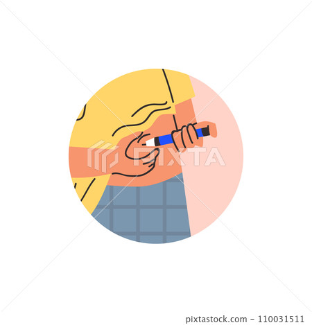 Person apply injection pen syringe in belly. Person apply injection pen syringe in belly. 110031511