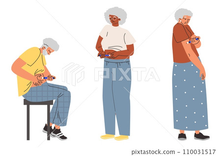 People with diabetes doing self injection, vector illustrations set isolated. People with diabetes doing self injection, vector illustrations set isolated. 110031517
