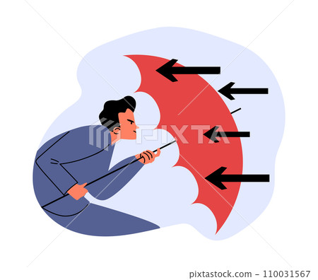Businessman holding umbrella to cover and protect from flying arrows, protection or leadership in crisis, insurance 110031567