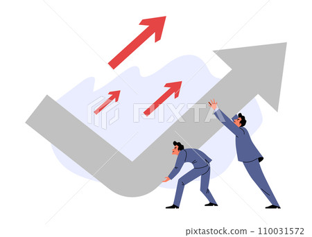 Crisis management vector concept, businessmen change business strategy direction pushing upward financial chart arrow Crisis management vector concept, businessmen change business strategy direction pushing upward financial chart arrow 110031572
