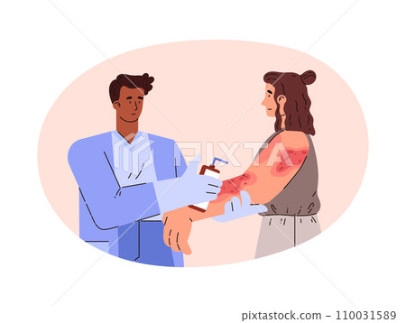 Dermatology doctor treats woman with skin disease with medical cream, vector health care of skin rash, psoriasis, eczema 110031589