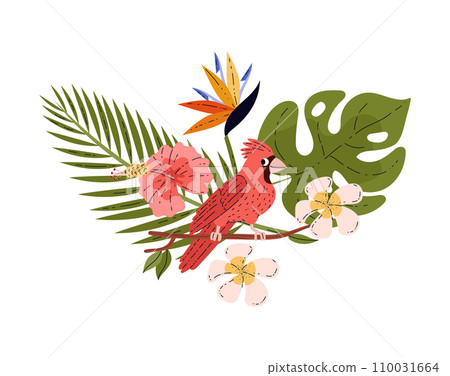 Tropical bird on a green branch, cartoon vector illustration on white 110031664