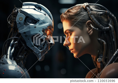 Cyborg and humanoid robot look at each other Cyborg and humanoid robot look at each other 110031696