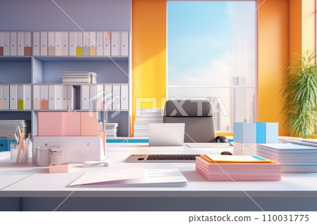 Minimalistic office with desk and shelves Minimalistic office with desk and shelves 110031775
