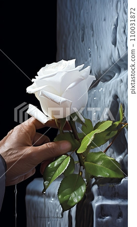 A man's hand with a white rose near the coffin 110031872
