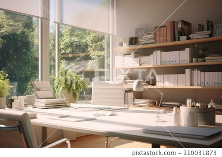 Minimalistic office with desk and shelves Minimalistic office with desk and shelves 110031873