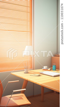 Minimalistic office with desk and shelves Minimalistic office with desk and shelves 110031874