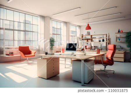 Minimalistic office with desk and shelves Minimalistic office with desk and shelves 110031875