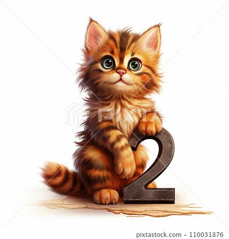 Number 2 and a cute little fluffy kitten close-up on white. Greeting card, anniversary background, holiday wallpaper 110031876