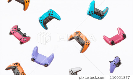 Realistic video game joysticks or gamepads rotating and falling on white Realistic video game joysticks or gamepads rotating and falling on white 110031877