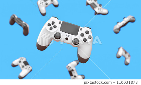 Realistic video game joysticks or gamepads rotating and falling on blue 110031878