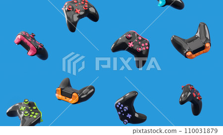 Realistic video game joysticks or gamepads rotating and falling on blue Realistic video game joysticks or gamepads rotating and falling on blue 110031879