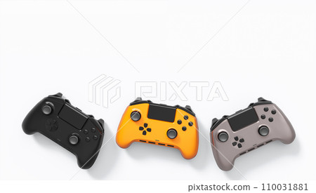 Realistic colorful video game joysticks or gamepads with color buttons on white 110031881