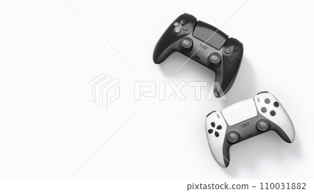 Realistic colorful video game joysticks or gamepads with color buttons on white Realistic colorful video game joysticks or gamepads with color buttons on white 110031882