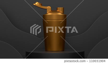 Plastic sport shaker on cylinder podium with steps on monochrome background Plastic sport shaker on cylinder podium with steps on monochrome background 110031904