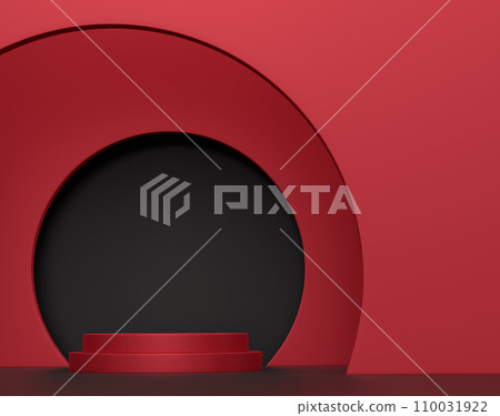 Pastel black cylinder podium with steps on red background Pastel black cylinder podium with steps on red background 110031922