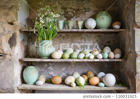 AI-generated content. Vintage Easter Display with ceramic pots and eggs AI-generated content. Vintage Easter Display with ceramic pots and eggs 110031925
