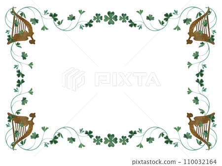 Frame of shamrock clover sprigs with Celtic harps. Decoration for St. Patrick's Day. Isolated watercolor illustration on white background. Clipart. 110032164