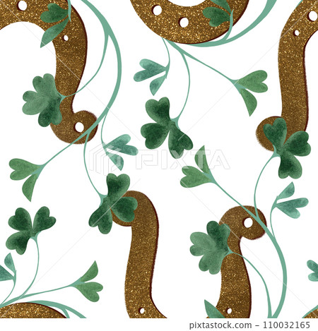 Seamless pattern with symbols of Ireland. Wrapping paper for St. Patrick's Day. Watercolor in vintage style on a white background. 110032165