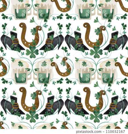 Seamless pattern with symbols of Ireland. Wrapping paper for St. Patrick's Day. Watercolor in vintage style on a white background. Seamless pattern with symbols of Ireland. Wrapping paper for St. Patrick's Day. Watercolor in vintage style on a white background. 110032167