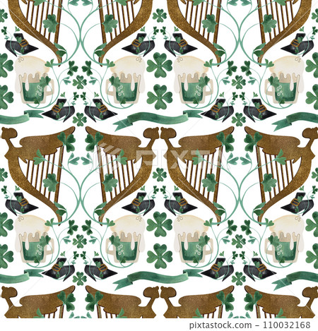 Seamless pattern with symbols of Ireland. Wrapping paper for St. Patrick's Day. Watercolor in vintage style on a white background. 110032168