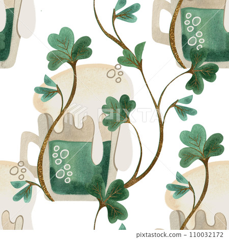 Seamless pattern with symbols of Ireland. Wrapping paper for St. Patrick's Day. Watercolor in vintage style on a white background. Seamless pattern with symbols of Ireland. Wrapping paper for St. Patrick's Day. Watercolor in vintage style on a white background. 110032172