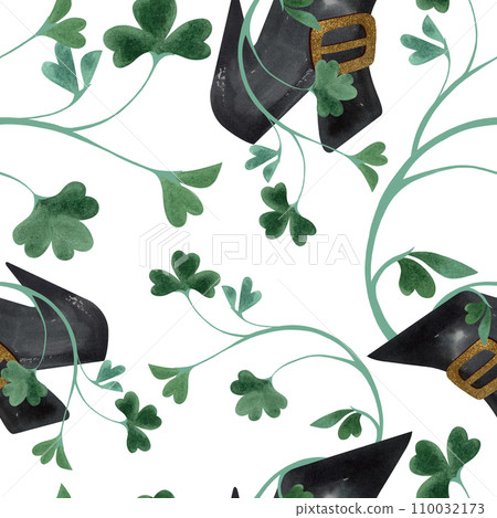 Seamless pattern with symbols of Ireland. Wrapping paper for St. Patrick's Day. Watercolor in vintage style on a white background. Seamless pattern with symbols of Ireland. Wrapping paper for St. Patrick's Day. Watercolor in vintage style on a white background. 110032173
