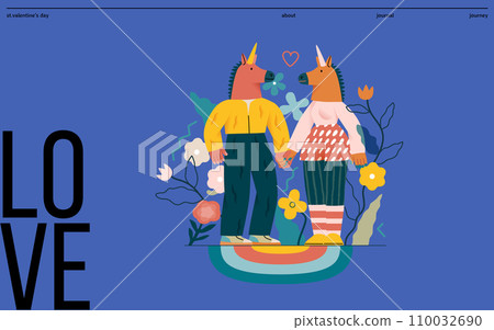 Valentine: Playful Connection - modern flat vector concept illustration of a couple in unicorn costumes holding hands. Metaphor of love, whimsical and imaginative side of romance Valentine: Playful Connection - modern flat vector concept illustration of a couple in unicorn costumes holding hands. Metaphor of love, whimsical and imaginative side of romance 110032690