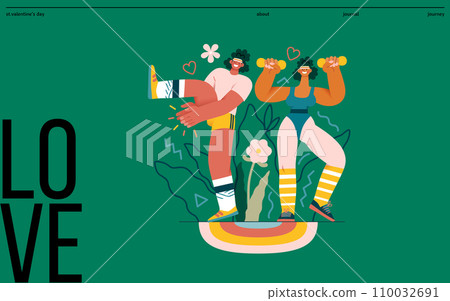 Valentine: Fitness Duo - modern flat vector concept illustration of a couple engaging in a fun aerobics workout together. Metaphor for the strength and vitality of their partnership Valentine: Fitness Duo - modern flat vector concept illustration of a couple engaging in a fun aerobics workout together. Metaphor for the strength and vitality of their partnership 110032691
