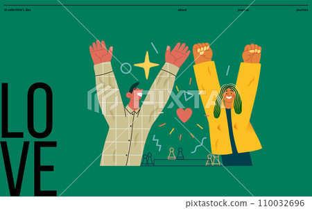 Valentine: Joyful Success - modern flat vector concept illustration of a happy couple celebrating winning at chess with raised arms. Metaphor of love, shared achievement, affection, connection 110032696