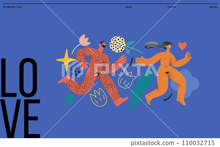 Valentine: Love Chase - modern flat vector concept illustration of laughing naked couple running in a floral environment. Metaphor of sex, affection, love, pursuit in romance Valentine: Love Chase - modern flat vector concept illustration of laughing naked couple running in a floral environment. Metaphor of sex, affection, love, pursuit in romance 110032715
