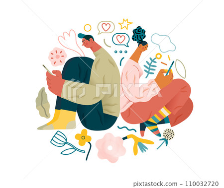 Valentine: Digital Whispers - modern flat vector concept illustration of a couple seated close, messaging each other. Metaphor for the intimacy of modern digital communication 110032720