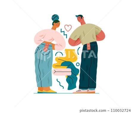 Valentine: Perfect Fit - modern flat vector concept illustration of a couple trying on jeans in a fitting room. Metaphor for finding the right match in love as in life 110032724