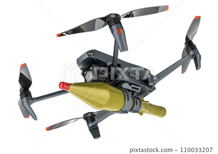Racing Drone with bomb. FPV Configured to deliver anti-armor shaped charges. 3D rendering Racing Drone with bomb. FPV Configured to deliver anti-armor shaped charges. 3D rendering 110033207