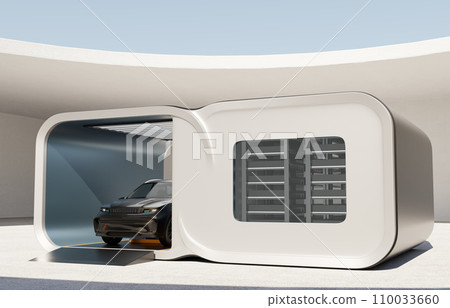 一輛電動 SUV 在電池更換站進行電池更換，透過更換站的窗戶可以看到更換的電池組。 110033660